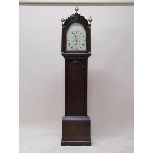 34 - A late 18c eight day longcase clock, the 30cm arched painted dial having Roman numerals and seconds ... 