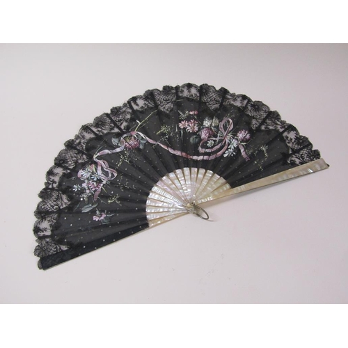 67 - Three 19c hand fans, one with mother of pearl sticks, black lace and silk painted with flowers and b... 