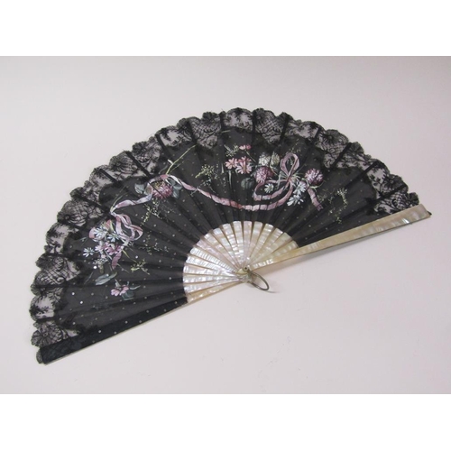 67 - Three 19c hand fans, one with mother of pearl sticks, black lace and silk painted with flowers and b... 