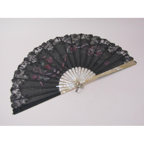 67 - Three 19c hand fans, one with mother of pearl sticks, black lace and silk painted with flowers and b... 