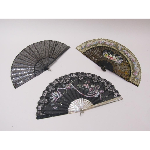 67 - Three 19c hand fans, one with mother of pearl sticks, black lace and silk painted with flowers and b... 