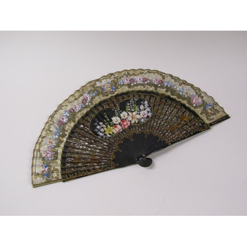 67 - Three 19c hand fans, one with mother of pearl sticks, black lace and silk painted with flowers and b... 