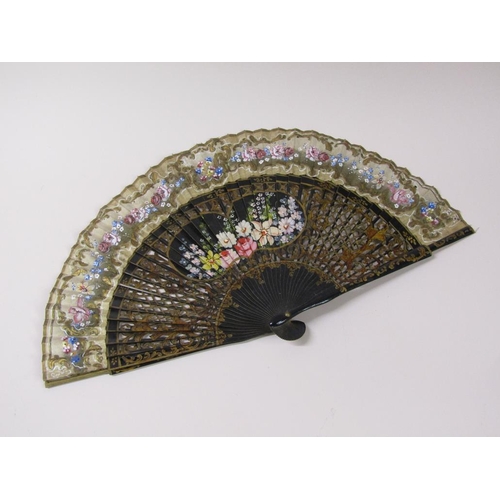 67 - Three 19c hand fans, one with mother of pearl sticks, black lace and silk painted with flowers and b... 