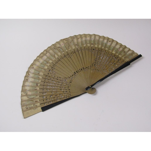 67 - Three 19c hand fans, one with mother of pearl sticks, black lace and silk painted with flowers and b... 