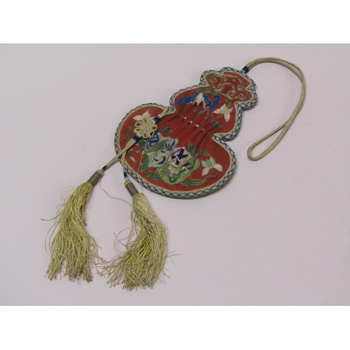 69 - A Japanese Meiji period silk purse with embroidered decoration and carrying strap and tassels, 18cm ... 