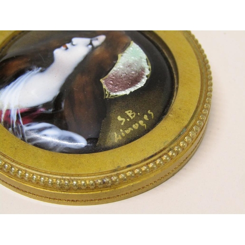 71 - A late 19c gilt metal circular cosmetic box with lift off cover, the cover with a Limoges enamel por... 