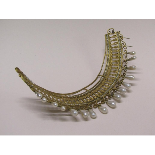 75 - An Edwardian gilt metal and seed pearl tiara, a/f, 17cm l.