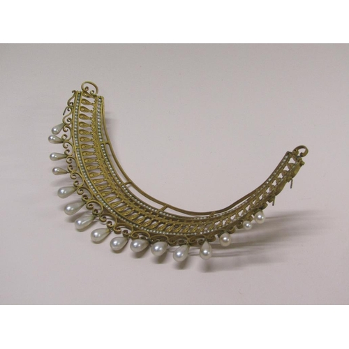 75 - An Edwardian gilt metal and seed pearl tiara, a/f, 17cm l.