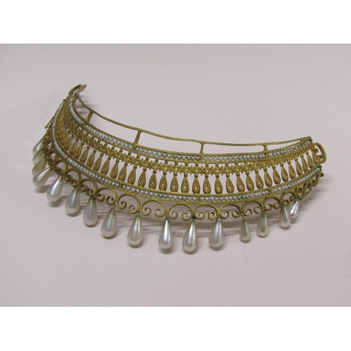 75 - An Edwardian gilt metal and seed pearl tiara, a/f, 17cm l.