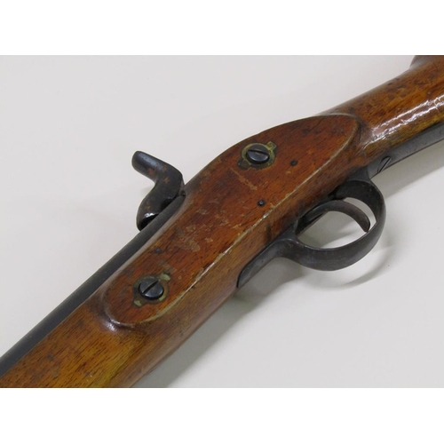 10 - A 19c single barrel sporting percussion rifle with walnut stock, 83cm barrel, 104cm l overall.