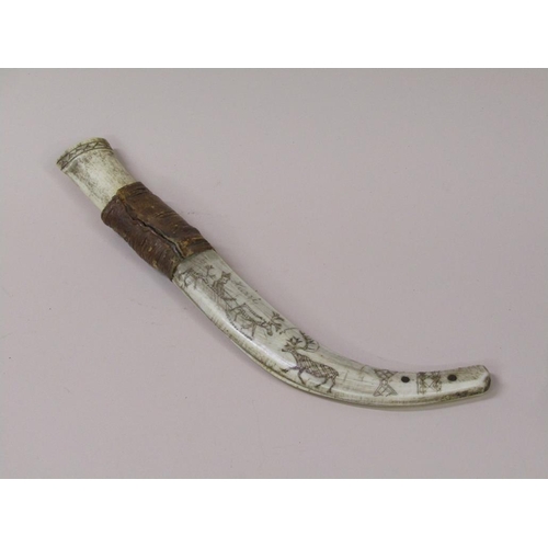 12 - A late 19c/early 20c  dagger with bone handle and sheath, the sheath engraved with reindeers and a s... 