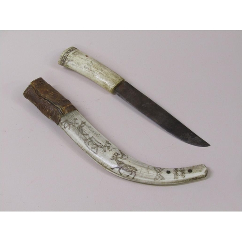 12 - A late 19c/early 20c  dagger with bone handle and sheath, the sheath engraved with reindeers and a s... 