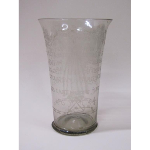 166 - A mid 17c ecclesiastical glass beaker with milled base, a/f, museum type repair to base, 20cm h - Th... 