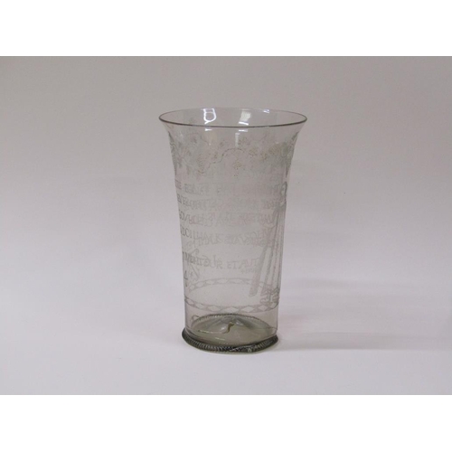 166 - A mid 17c ecclesiastical glass beaker with milled base, a/f, museum type repair to base, 20cm h - Th... 