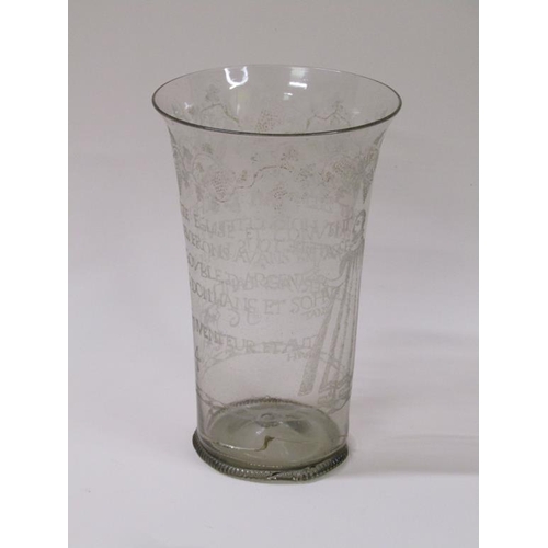 166 - A mid 17c ecclesiastical glass beaker with milled base, a/f, museum type repair to base, 20cm h - Th... 