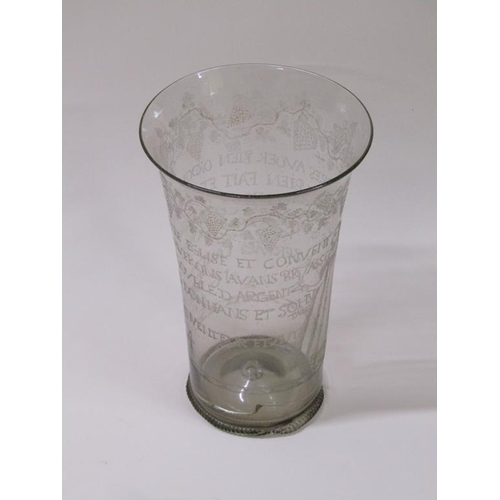 166 - A mid 17c ecclesiastical glass beaker with milled base, a/f, museum type repair to base, 20cm h - Th... 