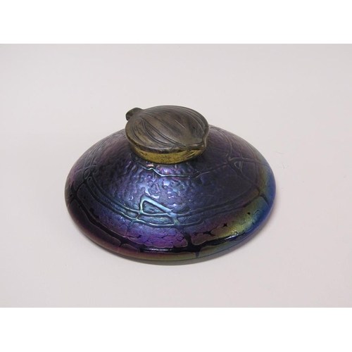 167 - An Art Nouveau period Loetz iridescent glass inkwell with hinged lid, base 14cm diam.