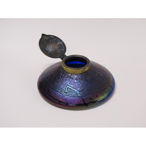 167 - An Art Nouveau period Loetz iridescent glass inkwell with hinged lid, base 14cm diam.