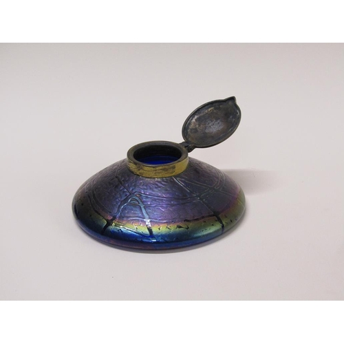 167 - An Art Nouveau period Loetz iridescent glass inkwell with hinged lid, base 14cm diam.