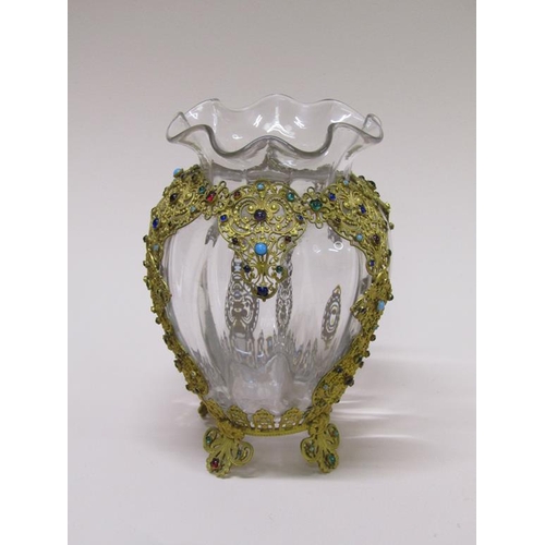 168 - A late 19c Bohemian glass vase with gilt filigree and jewelled cage, 14cm h.