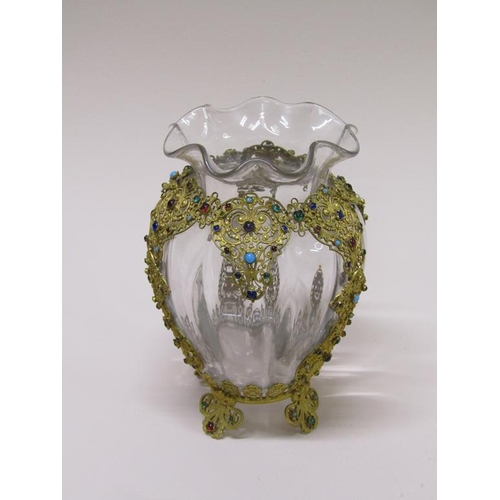 168 - A late 19c Bohemian glass vase with gilt filigree and jewelled cage, 14cm h.