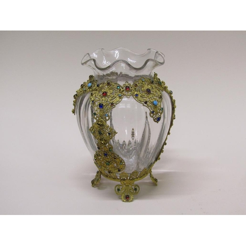 168 - A late 19c Bohemian glass vase with gilt filigree and jewelled cage, 14cm h.