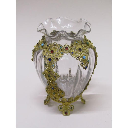 168 - A late 19c Bohemian glass vase with gilt filigree and jewelled cage, 14cm h.