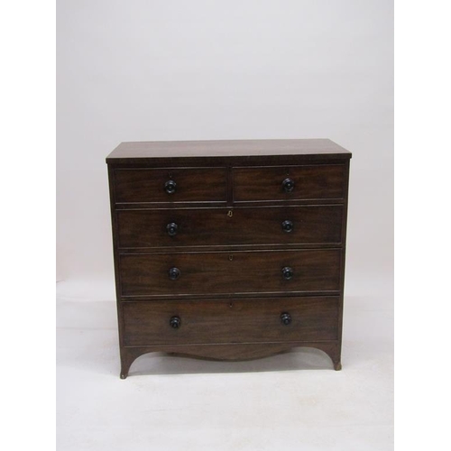 270 - An early 19c figured mahogany chest of two short and three long graduated drawers on bracket feet, 1... 