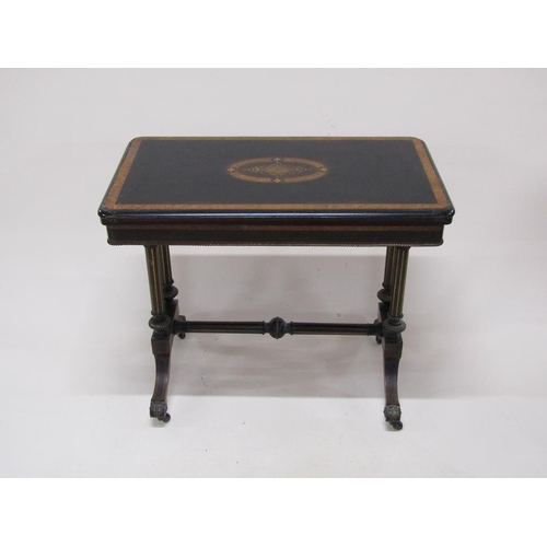 274 - A late Victorian ebonised and burr wood fold over card table of refectory form with beaded brass rai... 