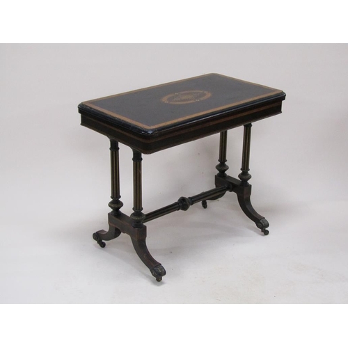 274 - A late Victorian ebonised and burr wood fold over card table of refectory form with beaded brass rai... 