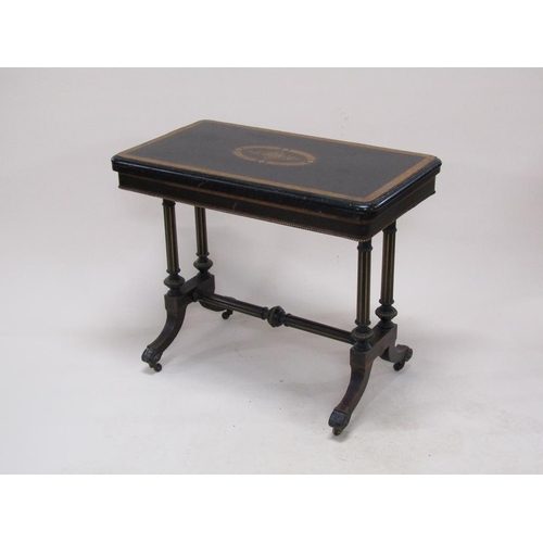 274 - A late Victorian ebonised and burr wood fold over card table of refectory form with beaded brass rai... 