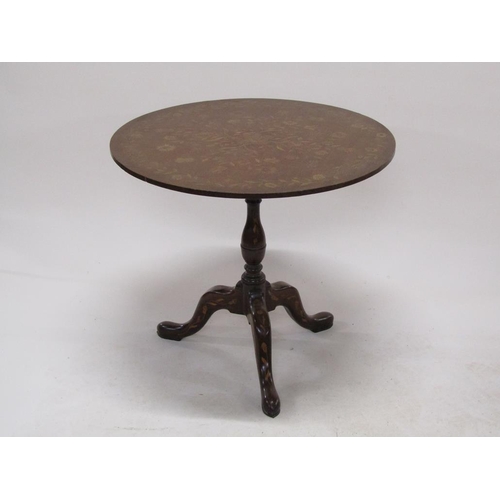 281 - A early 19c Dutch marquetry circular pedestal tilt top tripod table, 81cm w, 74cm h.