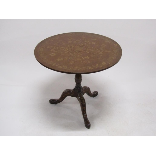 281 - A early 19c Dutch marquetry circular pedestal tilt top tripod table, 81cm w, 74cm h.