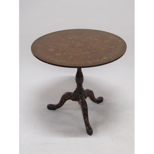 281 - A early 19c Dutch marquetry circular pedestal tilt top tripod table, 81cm w, 74cm h.