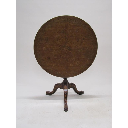 281 - A early 19c Dutch marquetry circular pedestal tilt top tripod table, 81cm w, 74cm h.