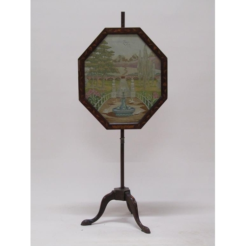 285 - An early 19c Dutch influenced marquetry decorated pole screen, the octagonal screen with a needlewor... 