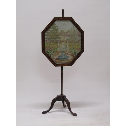 285 - An early 19c Dutch influenced marquetry decorated pole screen, the octagonal screen with a needlewor... 