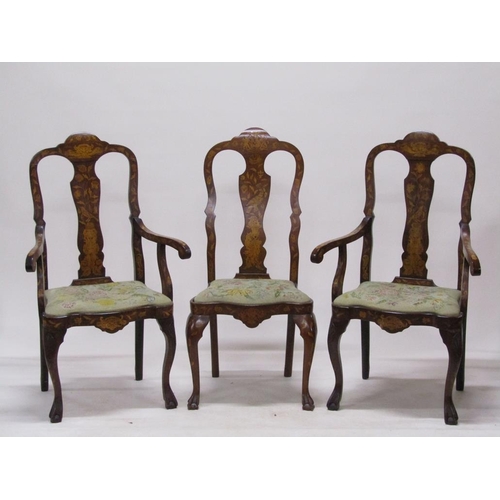 286 - A matched set of five (2+3) 19c Dutch marquetry dining chairs with shaped top rails, marquetry decor... 