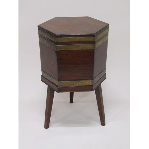 291 - A George III mahogany brass banded wine cellarette, lead lined and fitted with six compartments, sup... 