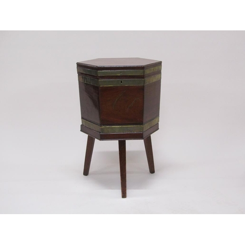 291 - A George III mahogany brass banded wine cellarette, lead lined and fitted with six compartments, sup... 