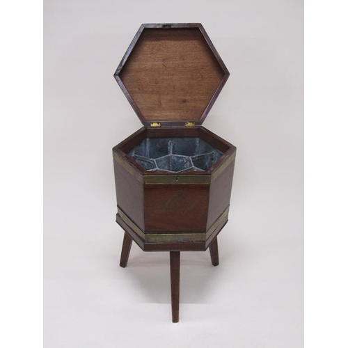 291 - A George III mahogany brass banded wine cellarette, lead lined and fitted with six compartments, sup... 