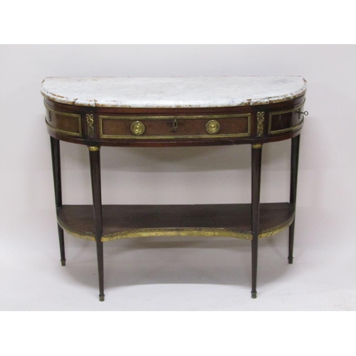 294 - A 19c French marble top two tier side table with ormolu mounts, the bottom shelf with three quarter ... 