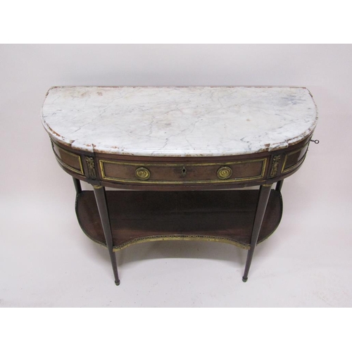 294 - A 19c French marble top two tier side table with ormolu mounts, the bottom shelf with three quarter ... 