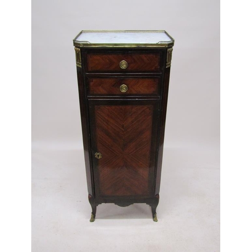 296 - A 19c French pedestal figured walnut cabinet, fitted cupboard under two short drawers with marble to... 