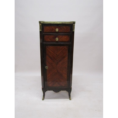 296 - A 19c French pedestal figured walnut cabinet, fitted cupboard under two short drawers with marble to... 