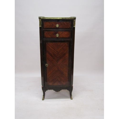 296 - A 19c French pedestal figured walnut cabinet, fitted cupboard under two short drawers with marble to... 