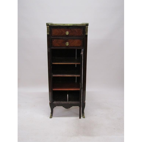 296 - A 19c French pedestal figured walnut cabinet, fitted cupboard under two short drawers with marble to... 