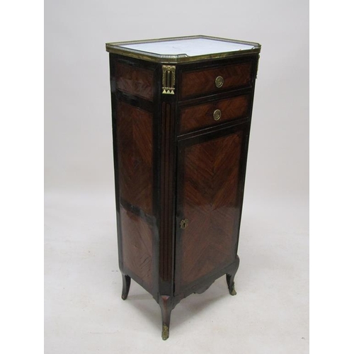 296 - A 19c French pedestal figured walnut cabinet, fitted cupboard under two short drawers with marble to... 