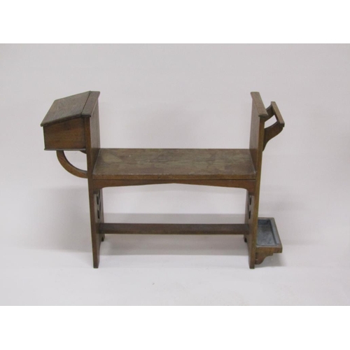 312 - An early 20c Liberty style oak hall seat with stick stand and side box with lift up cover, 101cm w, ... 