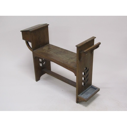 312 - An early 20c Liberty style oak hall seat with stick stand and side box with lift up cover, 101cm w, ... 